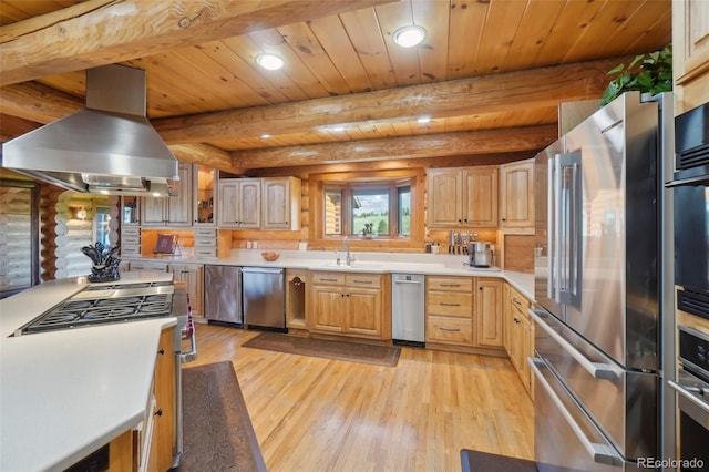 3557 Palmer Ridge Dr, Parker, CO 80134 - kitchen featuring island exhaust hood, appliances with stainless steel finishes, light wood-style floors, a sink, and recessed lighting