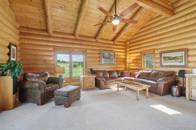 3557 Palmer Ridge Dr, Parker, CO 80134 - carpeted living room featuring wood ceiling, beamed ceiling, log walls, ceiling fan, and high vaulted ceiling
