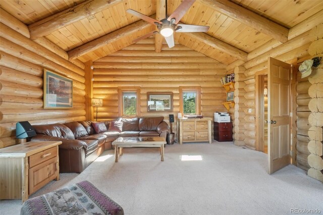 3557 Palmer Ridge Dr, Parker, CO 80134 - living room with wooden ceiling, light colored carpet, ceiling fan, and rustic walls