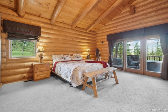 3557 Palmer Ridge Dr, Parker, CO 80134 - carpeted bedroom with access to exterior, wooden ceiling, and rustic walls