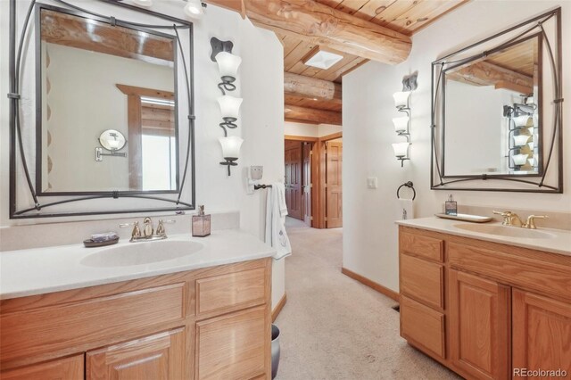 3557 Palmer Ridge Dr, Parker, CO 80134 - full bathroom with wood ceiling, two vanities, and beam ceiling