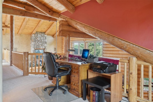 3557 Palmer Ridge Dr, Parker, CO 80134 - carpeted office space with rustic walls and wood ceiling