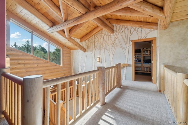 3557 Palmer Ridge Dr, Parker, CO 80134 - hall with wooden ceiling, log walls, carpet flooring, and an upstairs landing