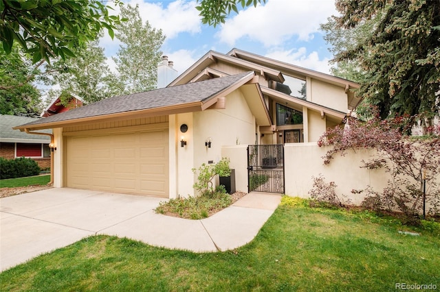 40 S Dexter St, Denver, CO 80246 - view of front of house featuring stucco siding, a gate, an attached garage, driveway, and a chimney