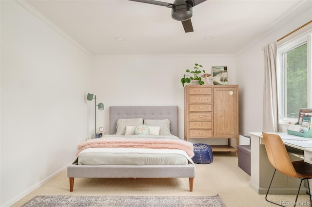 40 S Dexter St, Denver, CO 80246 - bedroom with light colored carpet, ornamental molding, and a ceiling fan
