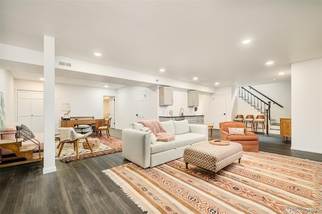 40 S Dexter St, Denver, CO 80246 - living room featuring dark wood finished floors, stairs, recessed lighting, and bar