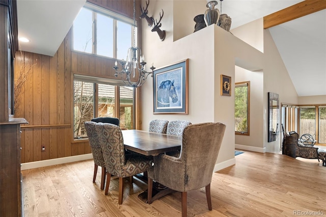 dining area with beamed ceiling, wood finished floors, wood walls, and a chandelier