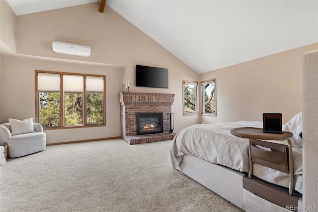 bedroom with an AC wall unit, multiple windows, carpet, and high vaulted ceiling