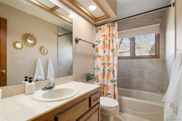 full bath with vanity, shower / bath combination with curtain, and toilet