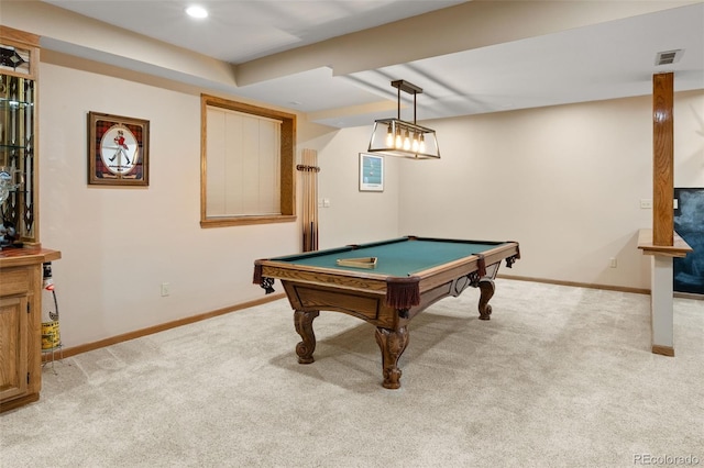 rec room with visible vents, baseboards, and light colored carpet