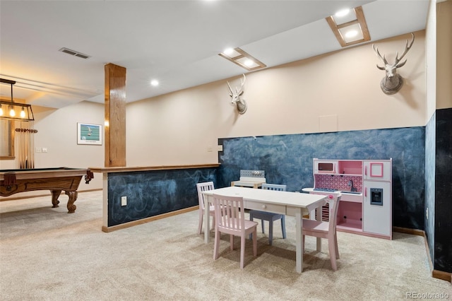 recreation room with visible vents, baseboards, recessed lighting, pool table, and carpet flooring