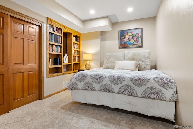 carpeted bedroom with recessed lighting and baseboards