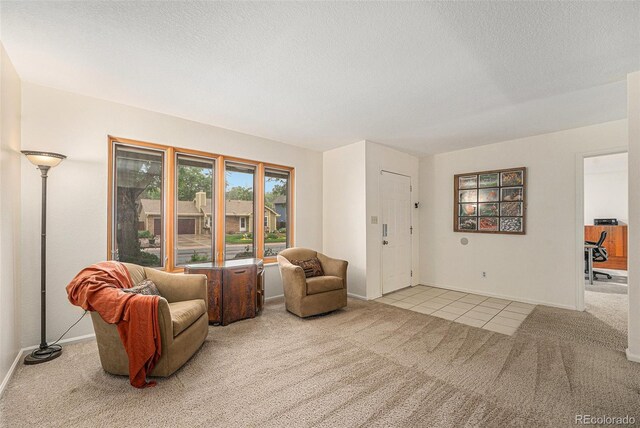 6235 W Floyd Ave, Denver, CO 80227 - carpeted living area featuring a textured ceiling, baseboards, and tile patterned floors