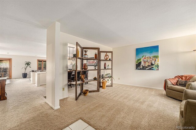 6235 W Floyd Ave, Denver, CO 80227 - living area with carpet flooring, baseboards, lofted ceiling, and a textured ceiling