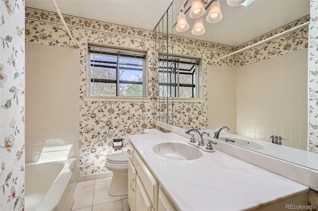 4490 Balsam St, Wheat Ridge, CO 80033 - bathroom with wallpapered walls, tile patterned flooring, toilet, vanity, and shower / tub combo