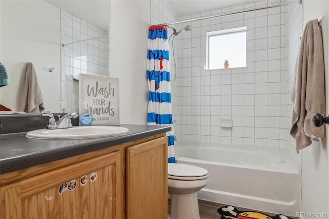 bathroom featuring shower / bathtub combination with curtain, toilet, vanity, and wood finished floors