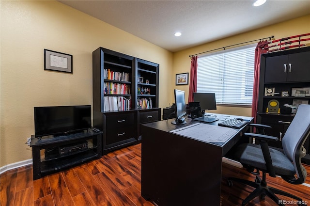 3902 Eagle Tail Ln, Castle Rock, CO 80104 - office area featuring dark wood-style floors, baseboards, and recessed lighting