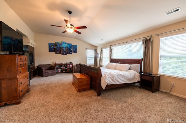 3902 Eagle Tail Ln, Castle Rock, CO 80104 - bedroom featuring light colored carpet, vaulted ceiling, ceiling fan, and baseboards