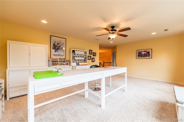 3902 Eagle Tail Ln, Castle Rock, CO 80104 - office area with light carpet, recessed lighting, a ceiling fan, and baseboards