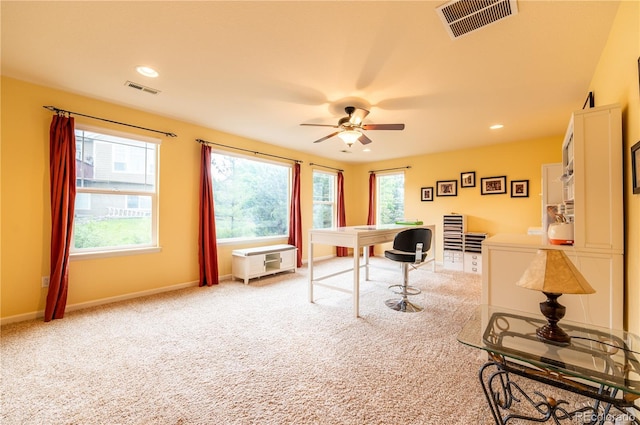 3902 Eagle Tail Ln, Castle Rock, CO 80104 - home office with plenty of natural light, carpet, a ceiling fan, baseboards, and recessed lighting