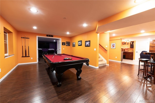 3902 Eagle Tail Ln, Castle Rock, CO 80104 - playroom with bar area, pool table, wood finished floors, baseboards, and recessed lighting