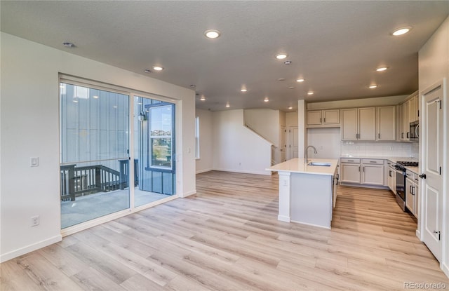 kitchen with a sink, decorative backsplash, light countertops, stainless steel appliances, and light wood-type flooring