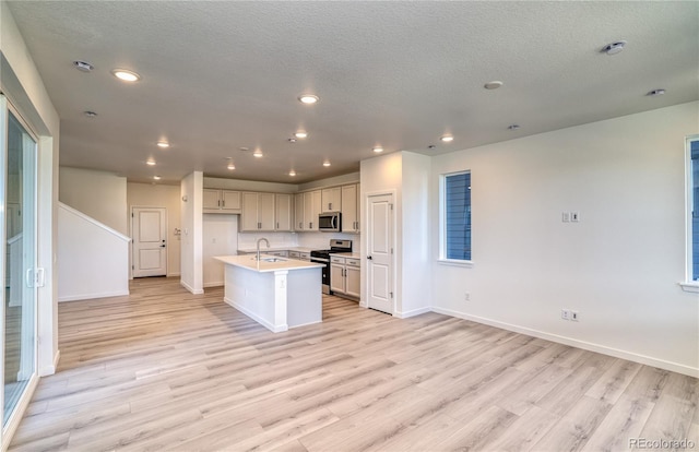 kitchen with light countertops, light wood-style floors, open floor plan, and stainless steel appliances