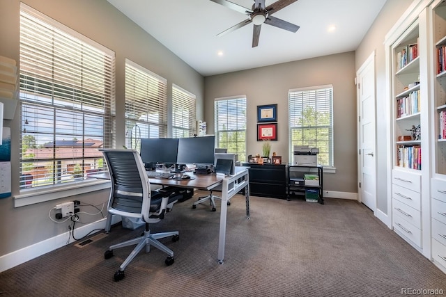 230 S Big Meadow Trl, Franktown, CO 80116 - carpeted home office featuring ceiling fan, baseboards, and recessed lighting