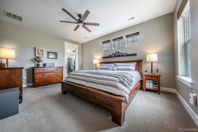 230 S Big Meadow Trl, Franktown, CO 80116 - carpeted bedroom with baseboards, ceiling fan, and ensuite bath