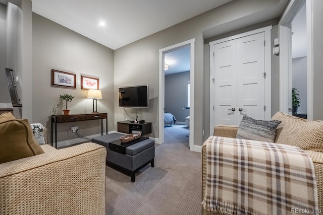 230 S Big Meadow Trl, Franktown, CO 80116 - living area featuring light colored carpet, baseboards, and recessed lighting