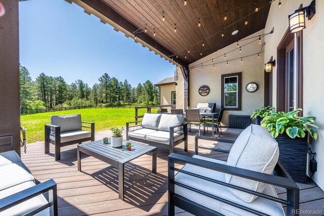230 S Big Meadow Trl, Franktown, CO 80116 - wooden deck featuring outdoor lounge area and a wooded view