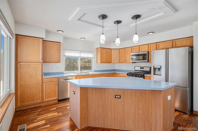 kitchen featuring dark hardwood / wood-style flooring, a center island, stainless steel appliances, and hanging light fixtures