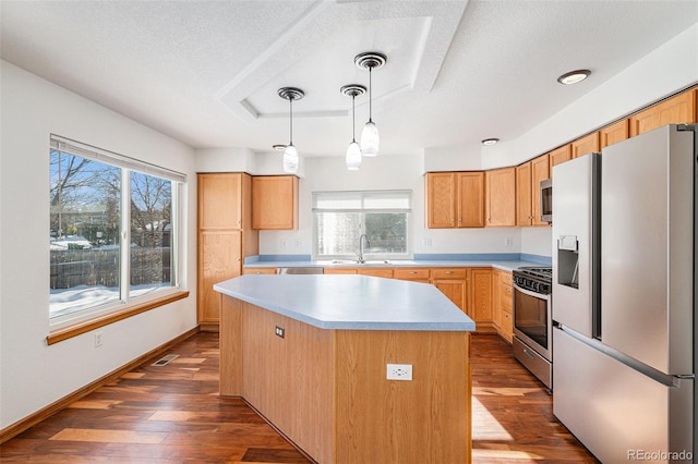 kitchen with appliances with stainless steel finishes, a center island, hardwood / wood-style flooring, and a wealth of natural light