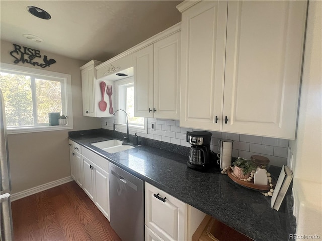 137 Bob Cat Trl, Bailey, CO 80421 - kitchen featuring dishwasher, a sink, white cabinetry, baseboards, and tasteful backsplash