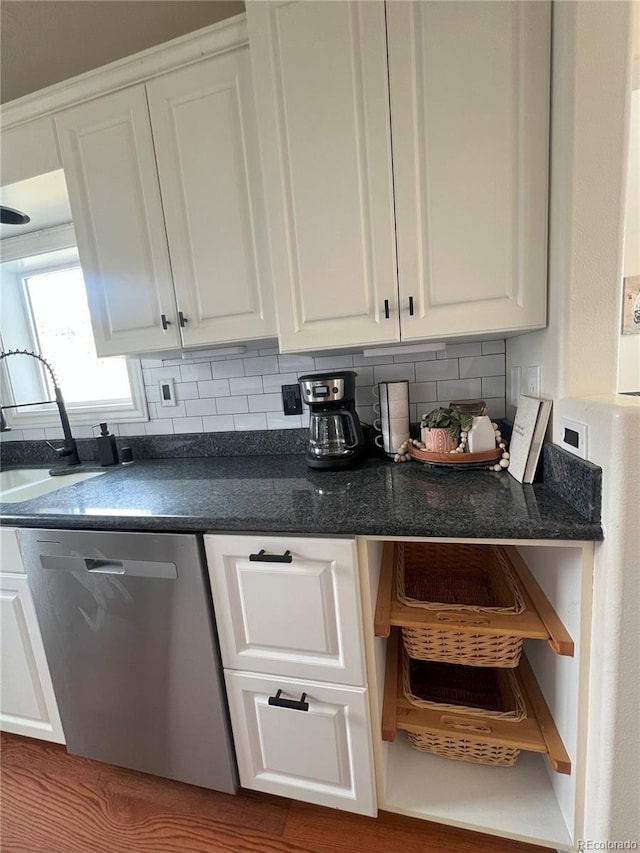 137 Bob Cat Trl, Bailey, CO 80421 - kitchen with stainless steel dishwasher, white cabinets, tasteful backsplash, dark countertops, and open shelves