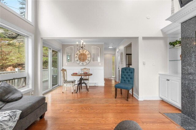 137 Bob Cat Trl, Bailey, CO 80421 - living area featuring plenty of natural light, light wood finished floors, a chandelier, and a towering ceiling