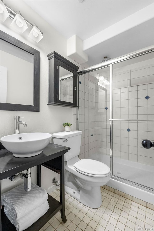 137 Bob Cat Trl, Bailey, CO 80421 - bathroom with a sink, a shower stall, toilet, and tile patterned flooring