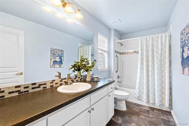 bathroom with visible vents, toilet, vanity, shower / bath combo with shower curtain, and decorative backsplash