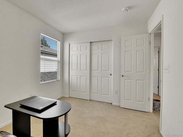 interior space with a closet, light carpet, and baseboards