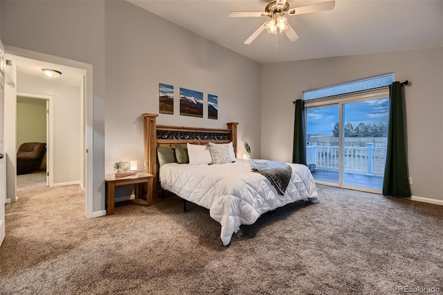 8370 Midsummer Ln, Elizabeth, CO 80107 - bedroom featuring access to exterior, carpet, ceiling fan, and lofted ceiling