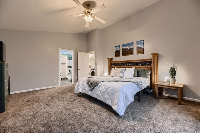 8370 Midsummer Ln, Elizabeth, CO 80107 - bedroom featuring washer / dryer, carpet floors, high vaulted ceiling, and a ceiling fan
