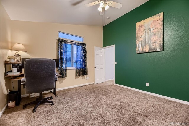 8370 Midsummer Ln, Elizabeth, CO 80107 - office featuring a ceiling fan, carpet flooring, and high vaulted ceiling