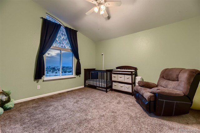 8370 Midsummer Ln, Elizabeth, CO 80107 - bedroom with carpet, vaulted ceiling, and ceiling fan
