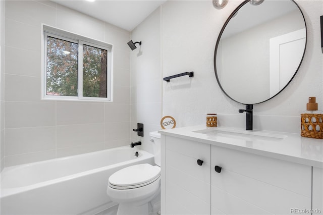 full bath with toilet, tub / shower combination, and vanity