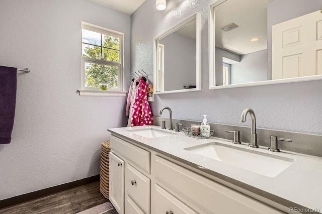676 Hedgerow Way, Brighton, CO 80601 - bathroom with double vanity, wood finished floors, and a textured wall