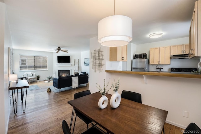 1830 22nd St Unit 16, Boulder, CO 80302 - dining area with ceiling fan, wood finished floors, and a glass covered fireplace