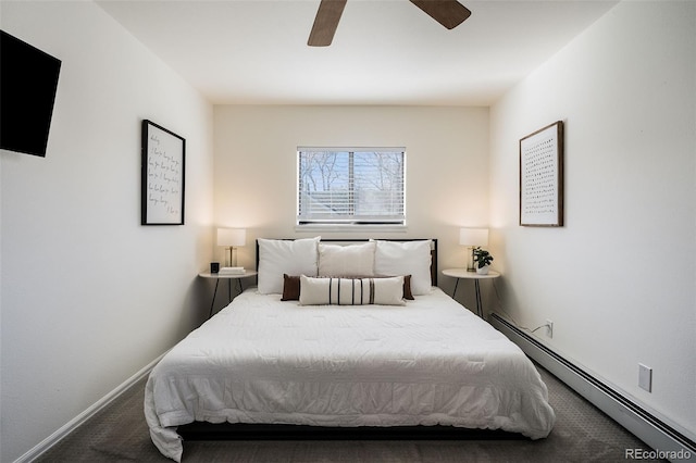 1830 22nd St Unit 16, Boulder, CO 80302 - bedroom featuring a baseboard radiator, carpet flooring, and a ceiling fan