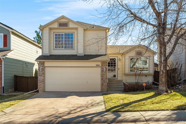 view of front of house featuring driveway, a garage, fence, and brick siding