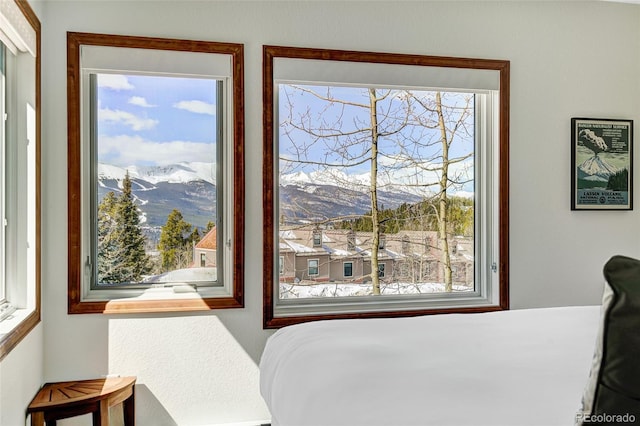 bedroom featuring multiple windows and a mountain view