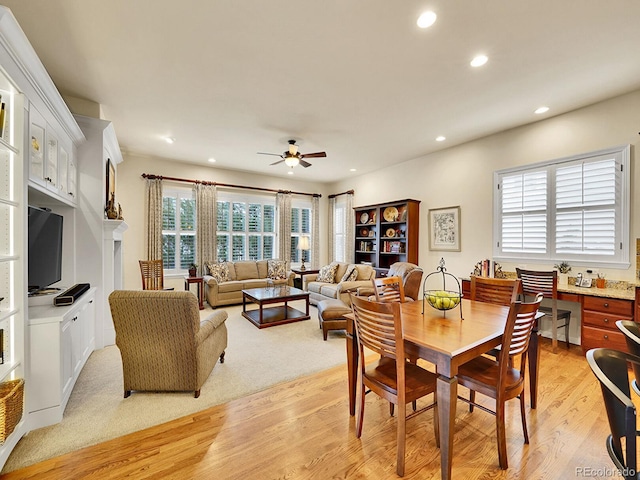 2571 Hunters Pl, Highlands Ranch, CO 80129 - dining area with ceiling fan, light wood-type flooring, and recessed lighting